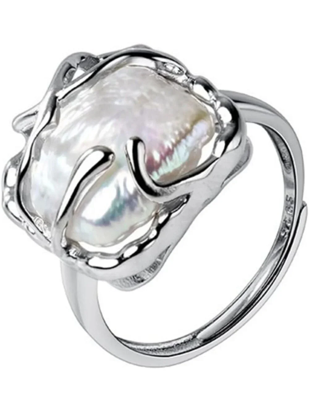 Elegant Baroque Pearl Ring - 925 Sterling Silver Adjustable Fashion Band for